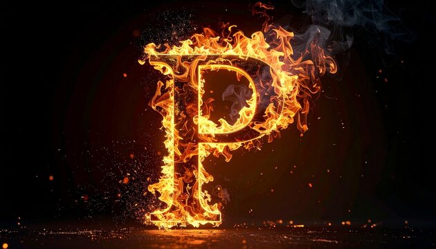 Capital letter P engulfed in bright orange flames and glowing sparks isolated against a deep black background for creative design projects.