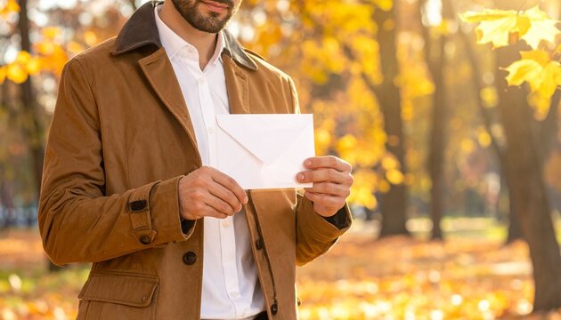 A man dressed in a stylish autumn coat holds a blank white envelope while standing in a beautiful park with golden fall foliage in background.