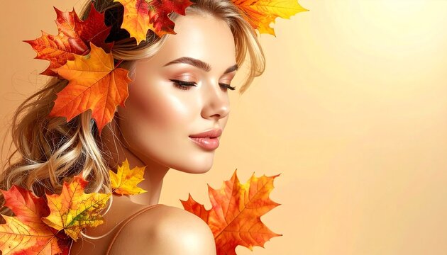 Beautiful young woman with blonde hair adorned with colorful autumn maple leaves portrait representing seasonal beauty and natural skin care.