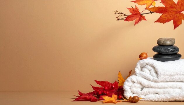 A peaceful autumn spa setting with a stack of smooth black massage stones white fluffy towels and vibrant orange fall leaves on a tan background.
