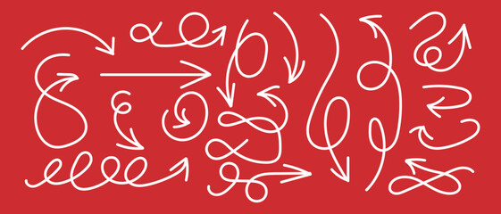 Fototapeta premium Set Of Hand-Drawn Cursive Swirly And Wavy White Arrows Vector Illustration Collection On Red Background