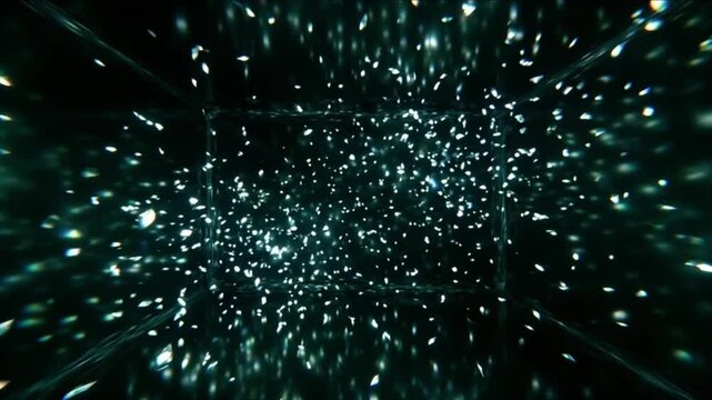 深緑の空間に降り注ぐエメラルド色の光の反射とプリズム散乱のCG動画