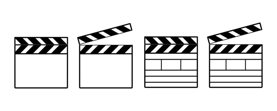 Clapper board outline icon set, Opened and closed movie clapper film clap board. Element for design isolated on white background, for web and app. Flat vector illustration