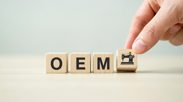 Hand putting sewing machine icon wooden block next to OEM text cubes for manufacturing concept