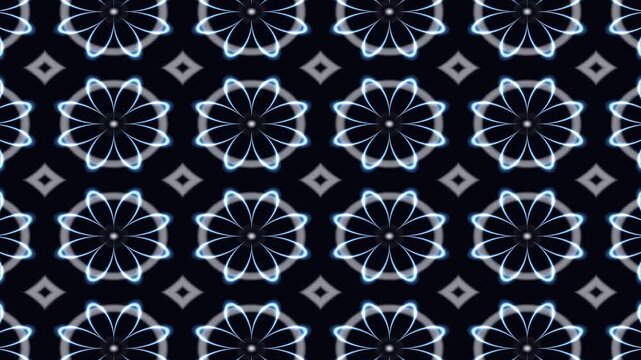 Futuristic kaleidoscope motion background, glowing blue geometric flower pattern, abstract digital mandala animation for VJ loops