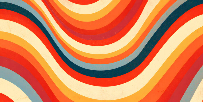 A vintage, abstract backdrop featuring overlapped, wavy stripes in inviting, retro hues. Geometric rainbow lines form an energetic, whimsical pattern with a worn-out texture. The curved pathway design