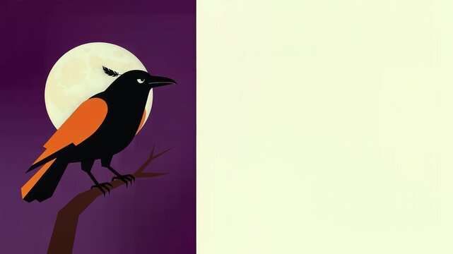 Flat 2D raven perched on branch cawing against full moon for Halloween night