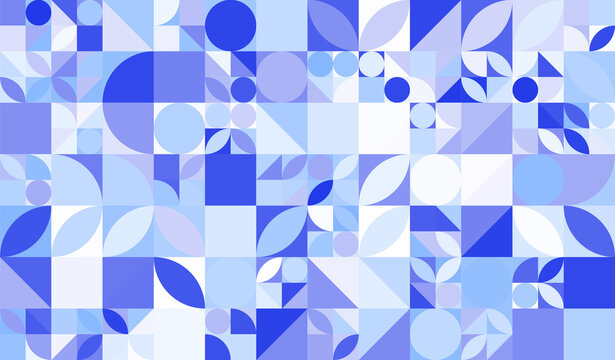 Abstract Blue Geometric Pattern with Circles, Squares and Organic Shapes Bauhaus