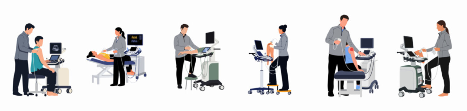 Collection of medical illustrations depicting healthcare professionals performing ultrasound examinations on various parts of the patient's body in clinical settings.