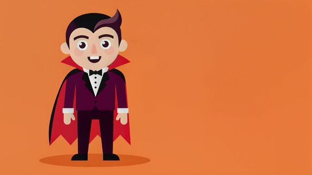 Friendly cartoon vampire character blinking and smiling on orange helloween background