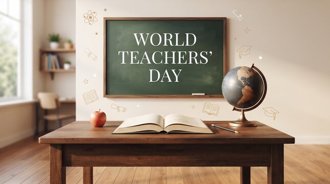 World Teachers' Day classroom poster with globe, books and apple