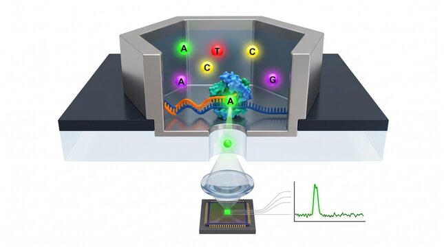 3D Molecular Diagram of Real Time DNA Sequencing in a ZMW Nanostructure