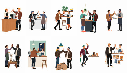 Fototapeta premium Set of Flat Vector Illustrations Showing Baristas and Customers Giving High Fives in Various Coffee Shop and Cafe Settings