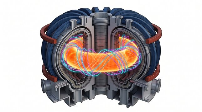3D Physics Diagram of Plasma Confinement in a Tokamak Fusion Reactor