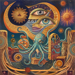 Naklejka premium Surreal visionary art of a mystical octopus in a cosmic dreamscape with esoteric symbols, sacred geometry, and an all-seeing eye