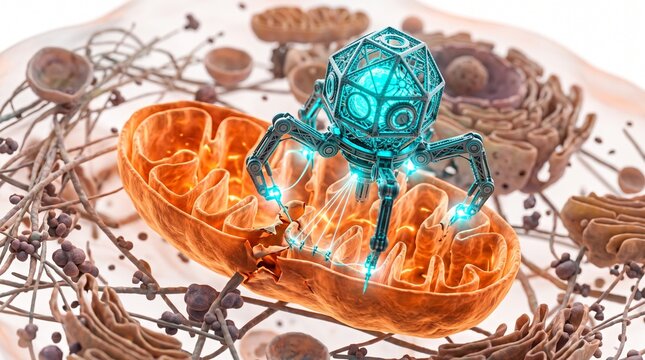 3D Microscopic Diagram of a Nanomachine Repairing a Mitochondria Inside a Cell