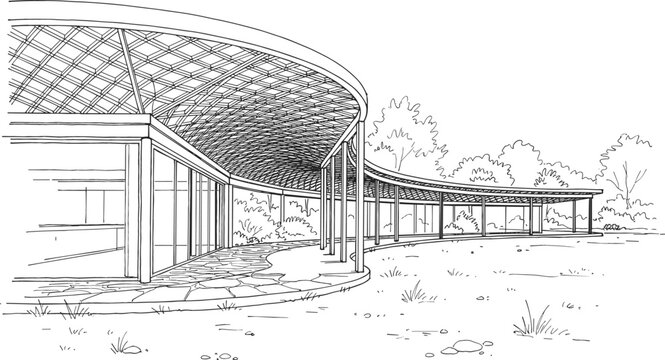 Modern curvilinear pavilion building architecture with lattice canopy ceiling and open courtyard vector sketch illustration