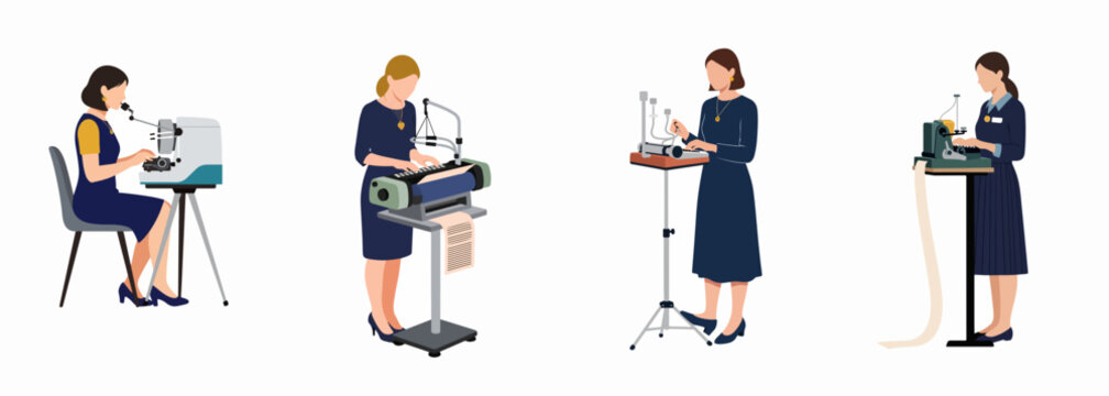 Set of minimalist vector illustrations featuring professional female court reporters and stenographers using shorthand stenotype machines on white background.