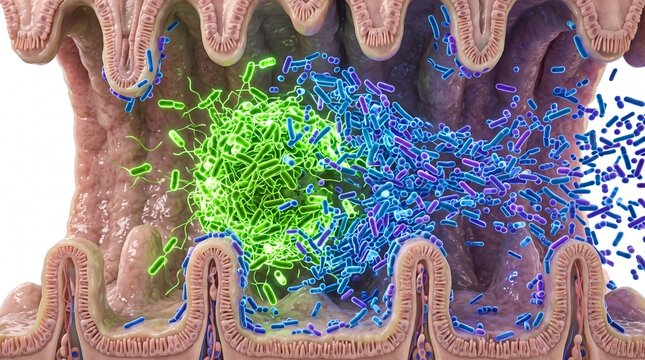3D Microscopic Diagram of Gut Microbiota Restoration via FMT