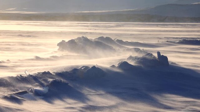 View of wind-swept ice formations on the frozen surface of Lake Baikal in Khuzhir, Irkutsk Oblast, Russia.