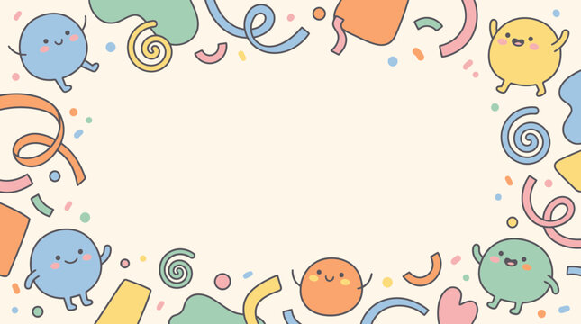 Cute Cartoon Party Frame with Happy Pastel Characters and Confetti
