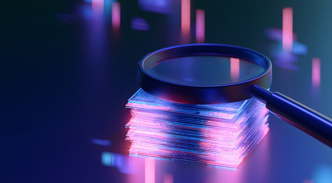 Using a magnifying glass on a pile of illuminated digital documents, artificial intelligence applies labels signifying e-discovery and intelligent search.