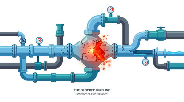Conceptual Vector Illustration of a Complex Blue and Grey Pipeline System Cracking and Bursting with Hot Red Material Labeled as The Blocked Pipeline (Emotional Suppression)