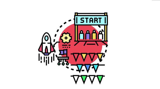 Kickoff event concept showing diverse team at a start line with a launching rocket, festive pennants and icons symbolizing startup ambition, collaboration and a bold new project launch