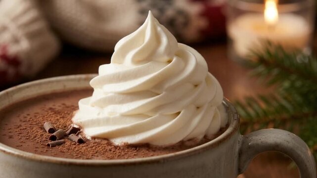 Delicious Hot Chocolate with Whipped Cream and Chocolate Shavings in a Cozy Winter Setting