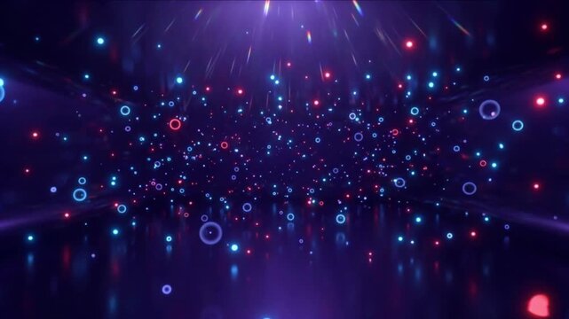 深紫の空間に広がる青と赤の光の回折リングとプリズム散乱のCG動画
