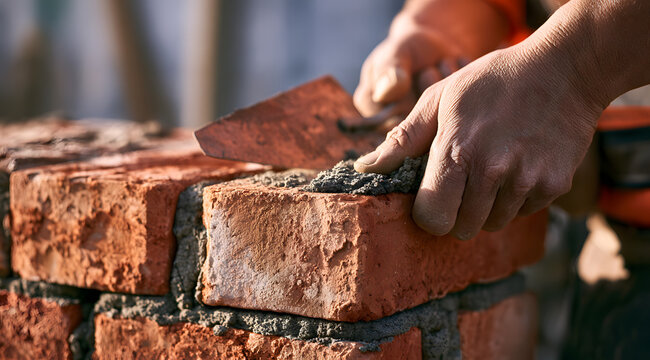 The skilled bricklayer is constructing a sturdy red brick wall using a trowel and mortar, capturing the close-up detail