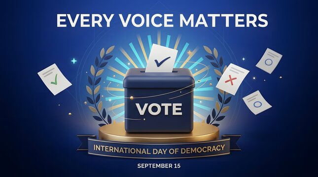 Blue ballot box with vote text on a golden pedestal 3d rendering