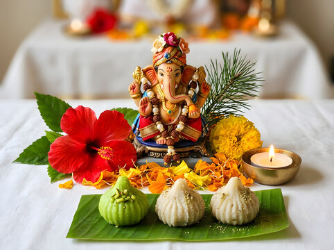 Lord Ganesha idol with Modak sweets and flowers for Ganesh Chaturthi festival celebration