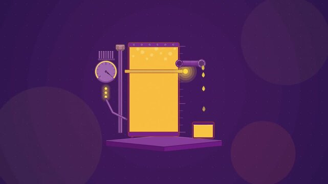 Abstract animated overtime hours accruing in a tank drawn as violet and blue lines and shapes on a deep dark background. Seamless looping 4K motion graphics video with free space for text, ideal for b