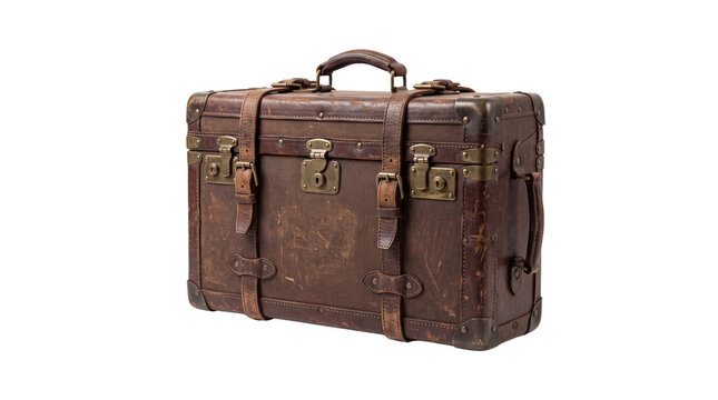 Vintage brown leather suitcase with brass locks. Antique travel trunk with weathered texture. Classic retro luggage for voyage. isolated PNG with Transparent Background