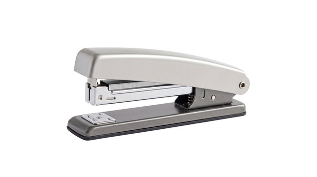 Professional metal stapler for office use, silver heavy duty stapling machine, durable steel desktop stationery for paper binding isolated PNG with Transparent Background