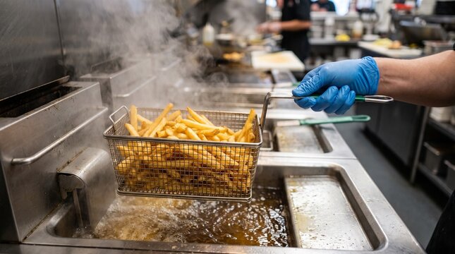 Commercial deep fryer frying French fries in restaurant kitchen