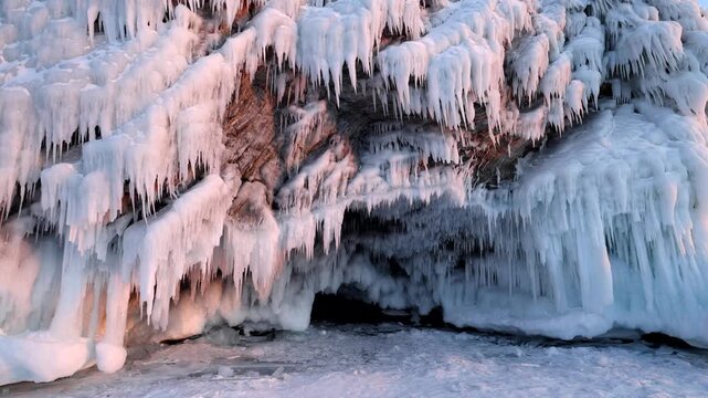 View of ice formations on the rocky cliffs of Lake Baikal in Khuzhir, Irkutsk Oblast, Russia.