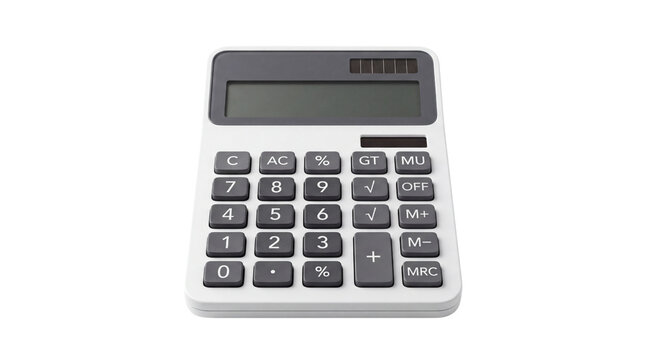 Modern electronic calculator with solar panel, white office accounting tool for business finance, digital desktop calculator for math isolated PNG with Transparent Background