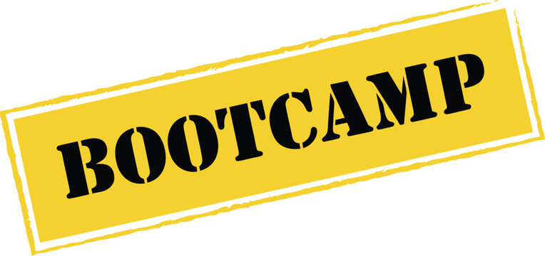 Bootcamp yellow rectangular rubber stamp grunge seal badge isolated on white background for training and workshop promo