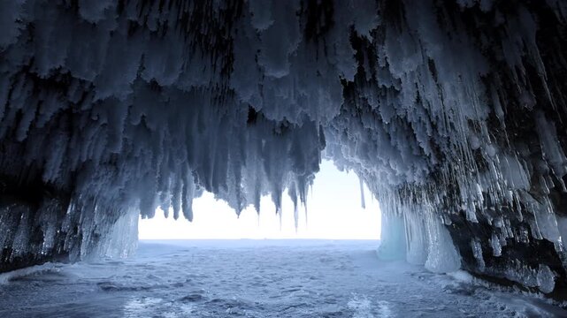 View of an ice cave with hanging icicles and frozen lake surface at Lake Baikal in Khuzhir, Irkutsk Oblast, Russia.