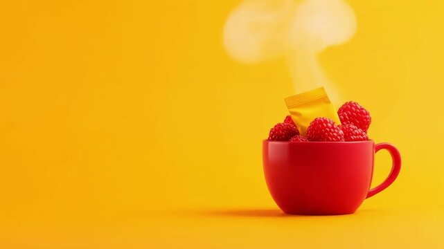 Red mug containing raspberries with steaming tea bag on yellow background, concept of fruit tea, health, wellness, beverage