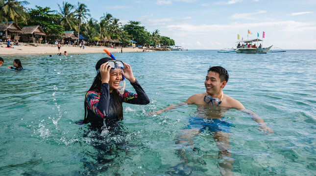 Young couple snorkeling and laughing together in clear tropical seawater near a lively beach.