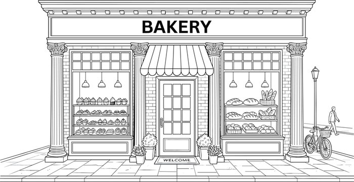 Vintage bakery shop storefront exterior design line art drawing with awning display windows and bicycle vector