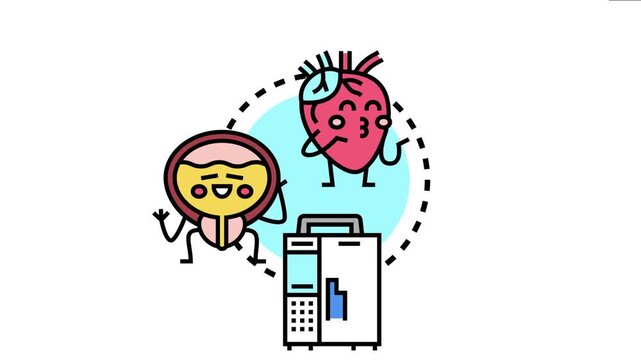 Medical infusion therapy concept art showing a cartoon heart and bladder receiving treatment from an advanced medical device, symbolizing pediatric healthcare and therapeutic procedures