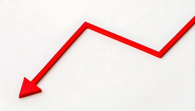 A minimalist white background graph featuring a bold red downward arrow charting a steep decline, a simple red line representing financial and business risk, modern concept for decline and business ri