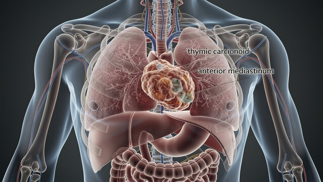 Thymic carcinoid tumor located in anterior mediastinum, human chest anatomy 3D medical artwork
