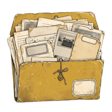 Vintage Yellow File Folder with Documents Clipart for Scrapbooks