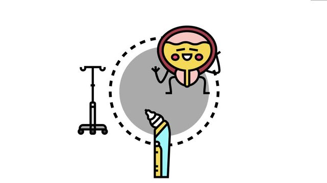 Urinary bladder cartoon character experiencing a medical intravenous infusion treatment. Surrounded by healthcare equipment like an iv stand and a liquid dispenser