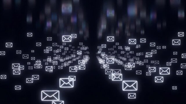 漆黒の空間に無数に漂うメール封筒アイコンと光の反射散乱のCG動画